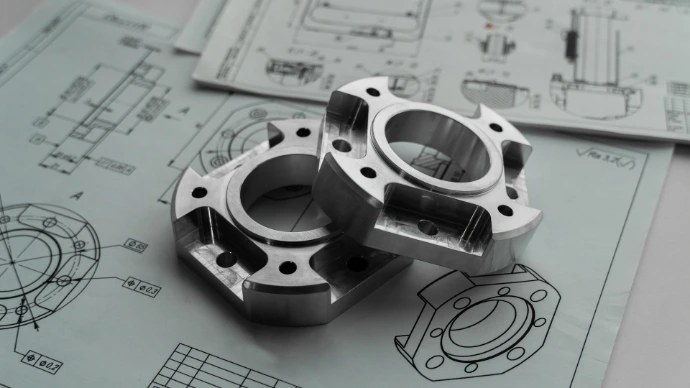Zwei metallische mechanische Teile auf technischen Zeichnungen